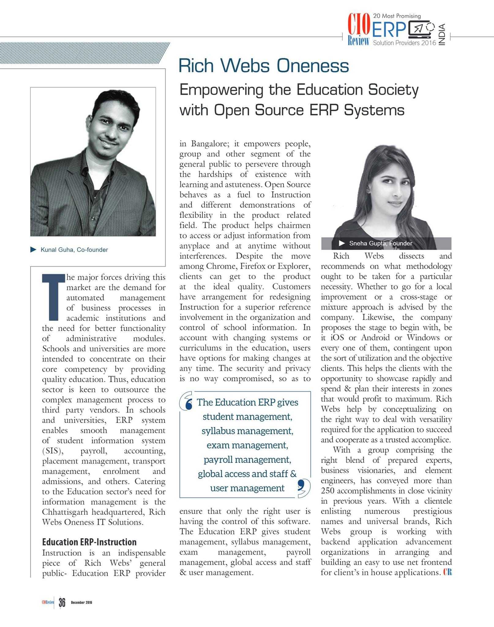 Rich Webs Oneness featured in CIOReview 20 Most Promising ERP Solution Providers 2016 India