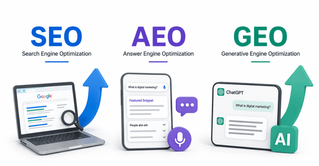 SEO vs AEO vs GEO comparison infographic India